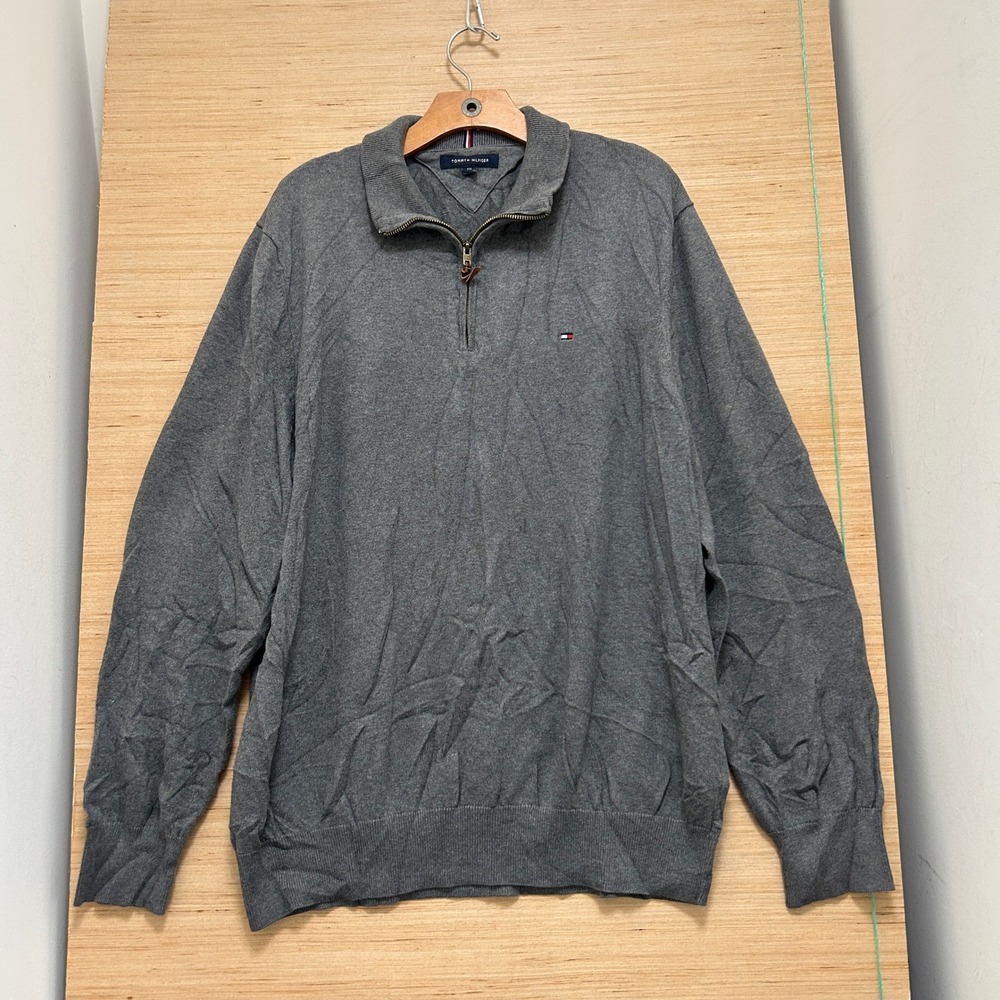 Tommy Hilfiger Mens XXL Gray Quarter Zip Pullover Sweater Cotton Blend Knit